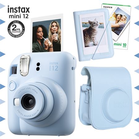 Instax mini 12 Mavi Fotoğraf Makinesi-10'lu Film-Mini Albüm ve Deri Kılıf Seti