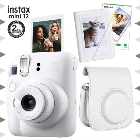 Instax mini 12 Beyaz Fotoğraf Makinesi-10'lu Film-Mini Albüm ve Deri Kılıf Seti