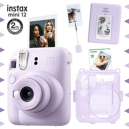 Instax mini 12 Lila Fotoğraf Makinesi-10'lu Film-Kıskaçlı Stand-PVC Albüm ve Simli Pleksi Kılıf Seti