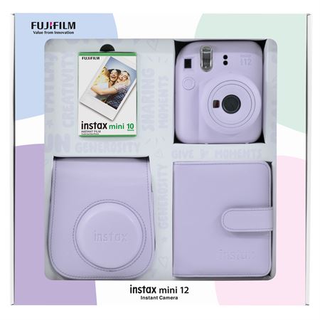 Instax mini 12 Lila Fotoğraf Makinesi 10'lu Film Kare Albüm ve Deri Kılıf Bundle Box